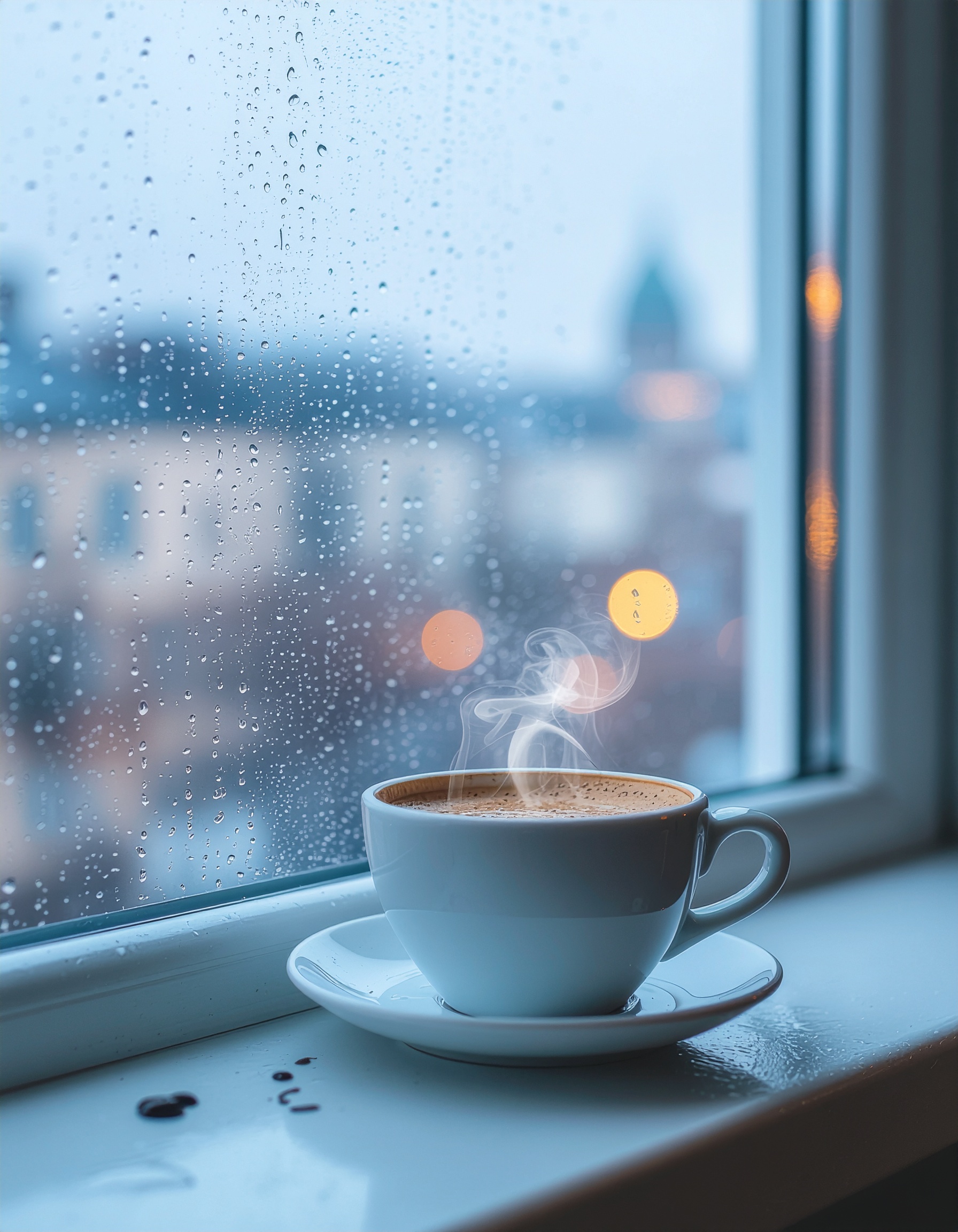 Xícara de café quente em peitoril de janela, com vapor sutil subindo, contrastando com a cena chuvosa e embaçada ao fundo. Iluminação suave realça gotas de chuva na janela e bokeh das luzes da cidade, criando um ambiente acolhedor e introspectivo.